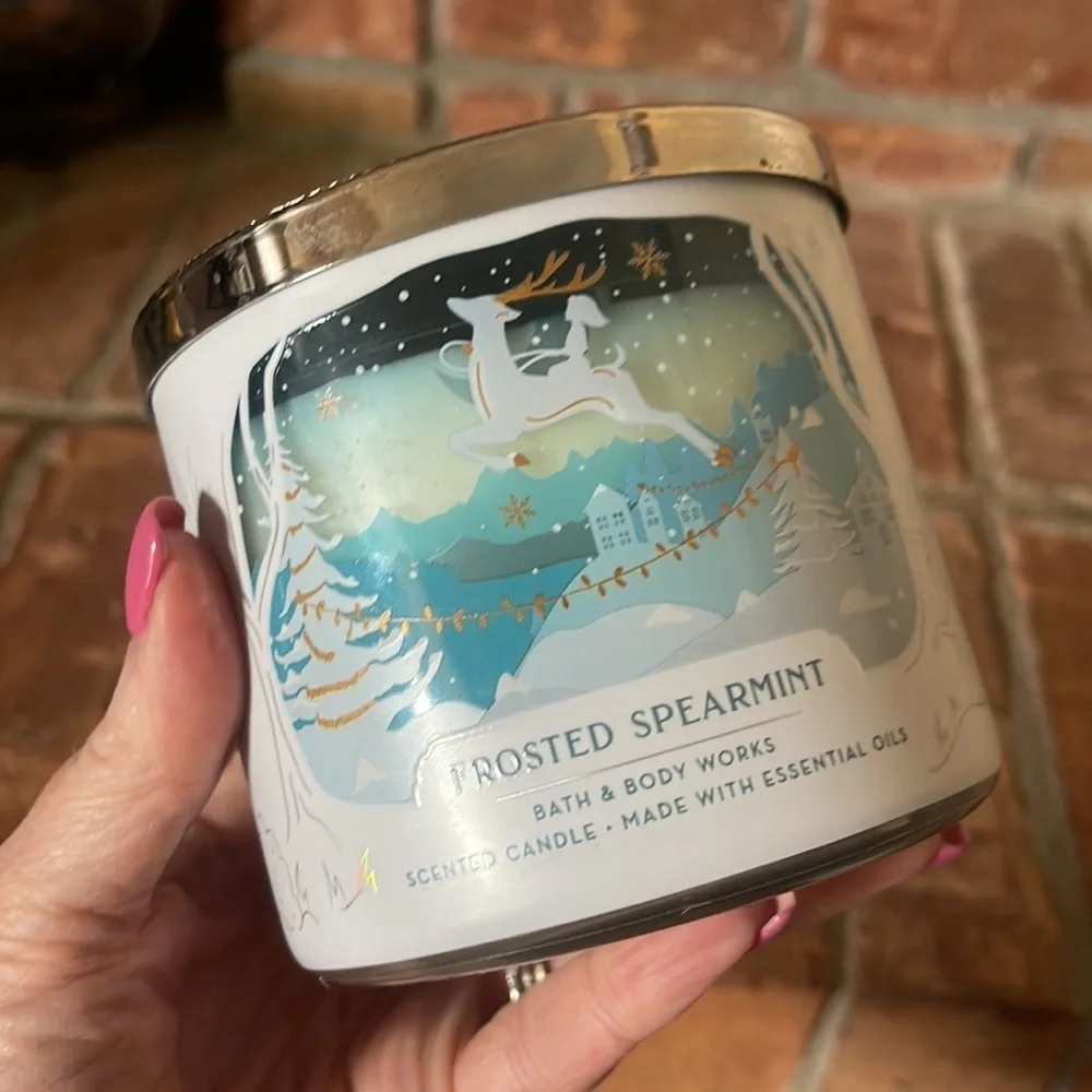 Bath & Body Works Frosted Spearmint Candle w/ White Flowers Floral Metal Holder
